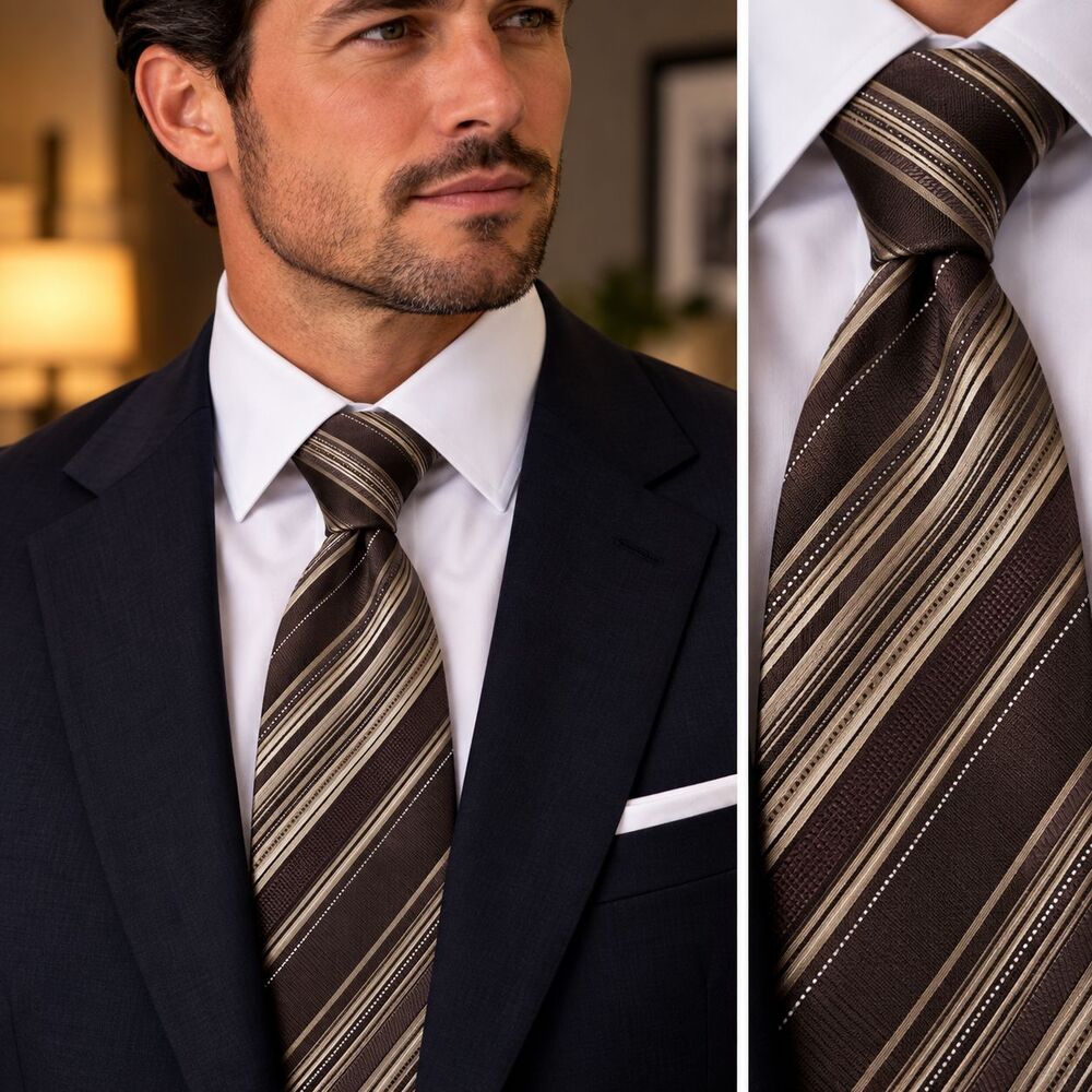 Kenneth Cole Reaction Tie Mens One Size Brown Silk Stripe Handmade Necktie